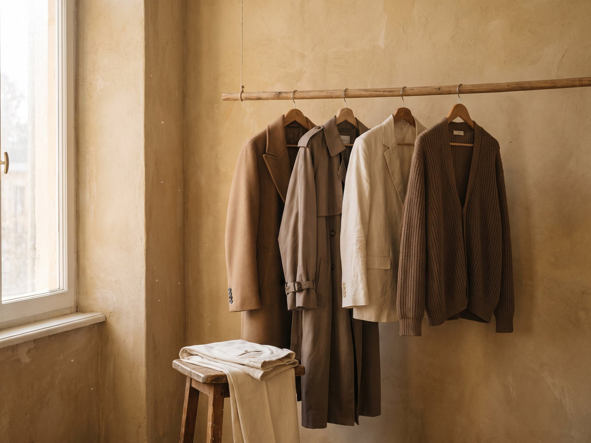 A wooden rail with an overcoat, a trench coat, a cream blazer and a knit cardigan in warm light