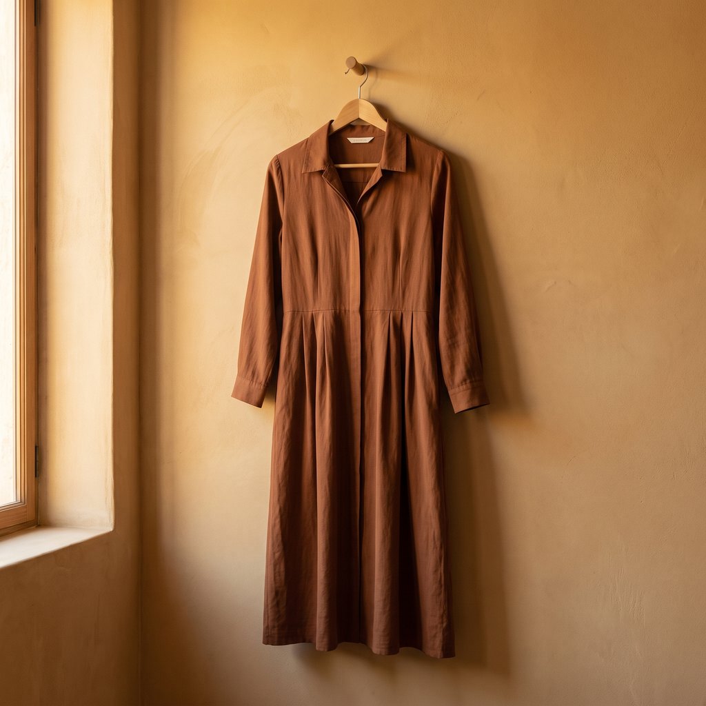 A rust-brown collared midi dress on a wooden hanger