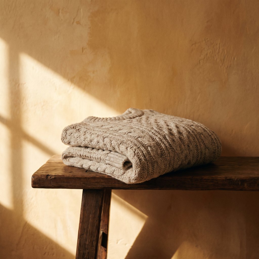 A folded cable-knit sweater on a wooden bench in sunlight
