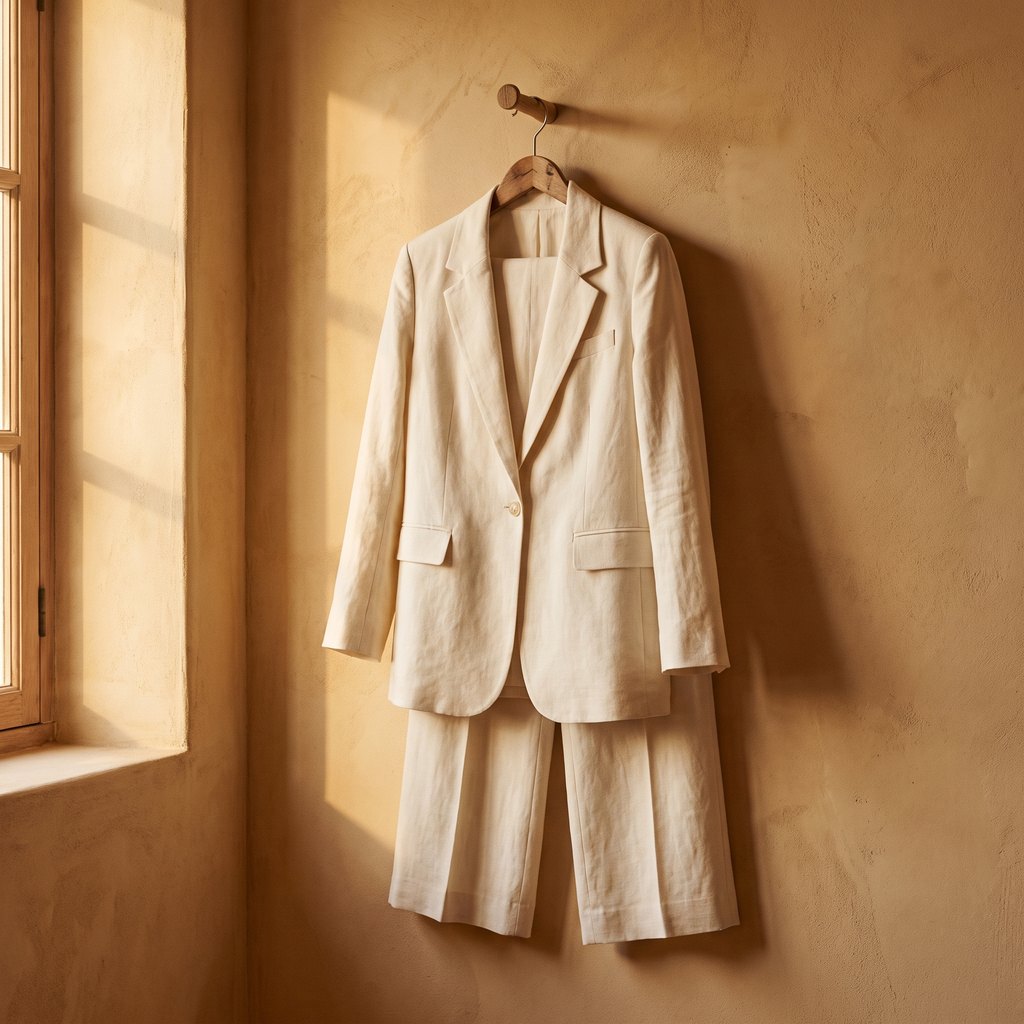 A cream blazer and matching trousers on one hanger