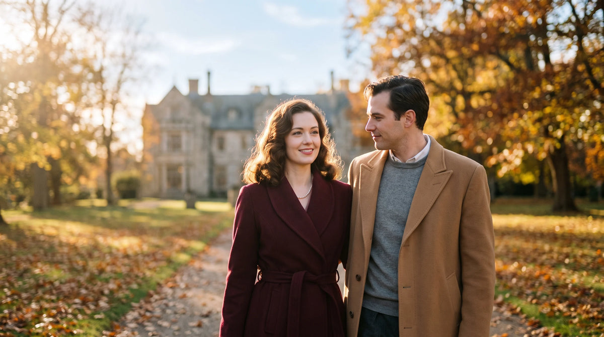 A couple in a burgundy wrap coat and a camel overcoat on an autumn path in front of a stone manor house