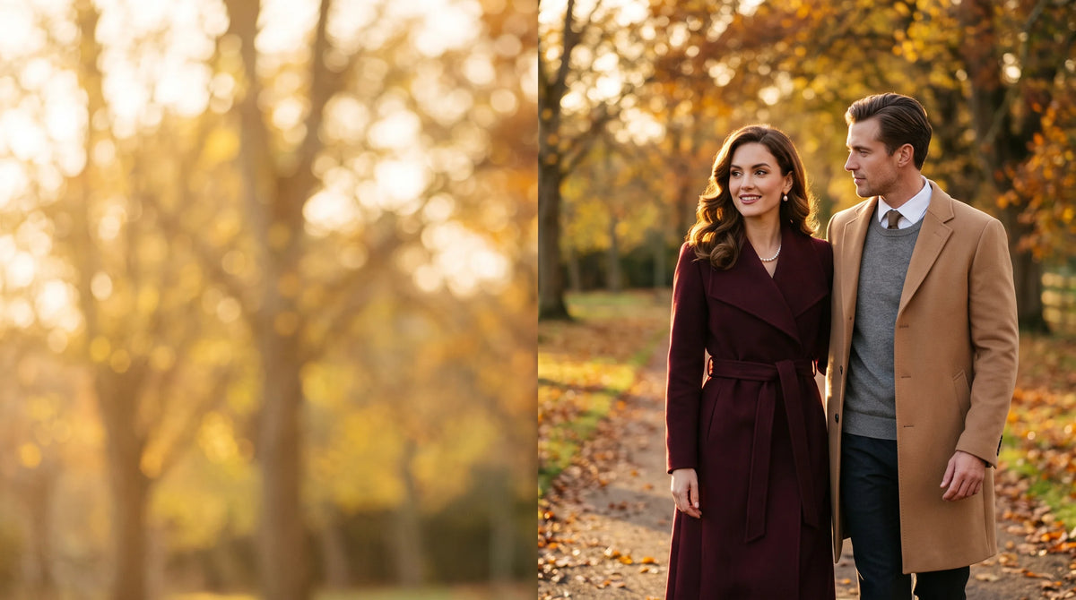 A couple in a burgundy wrap coat and a camel overcoat walking along an autumn path, open space on the left