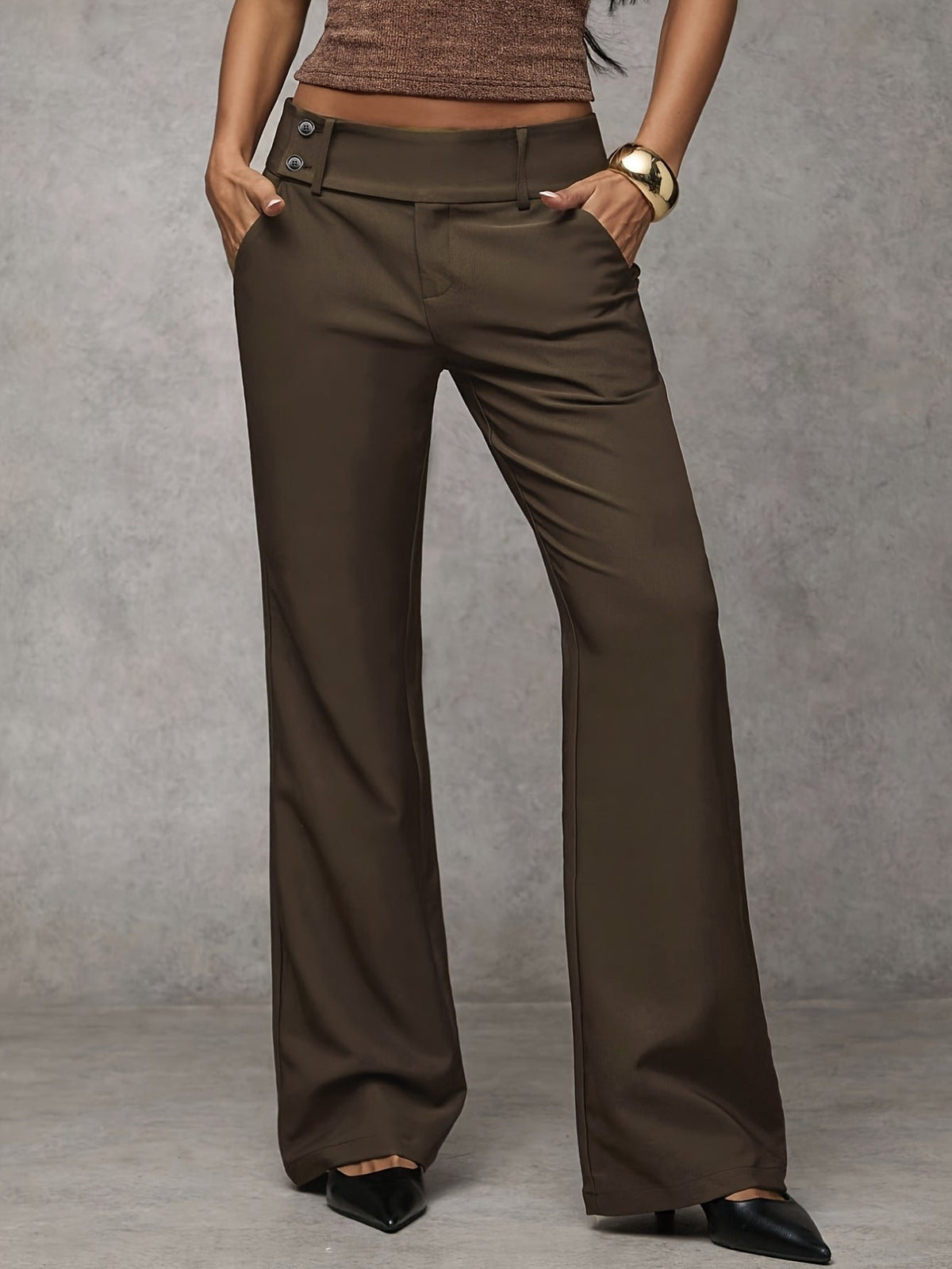 High Waist Wide Leg Trousers with Belt Loops and Slant Pockets in Brown