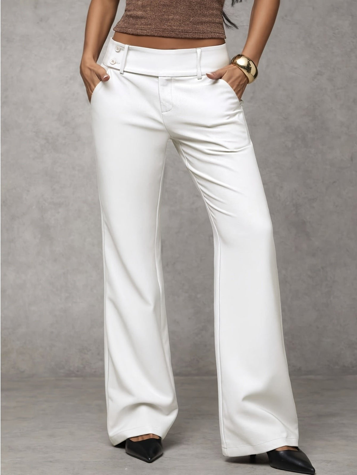 High Waist Wide Leg Trousers with Belt Loops and Slant Pockets in White