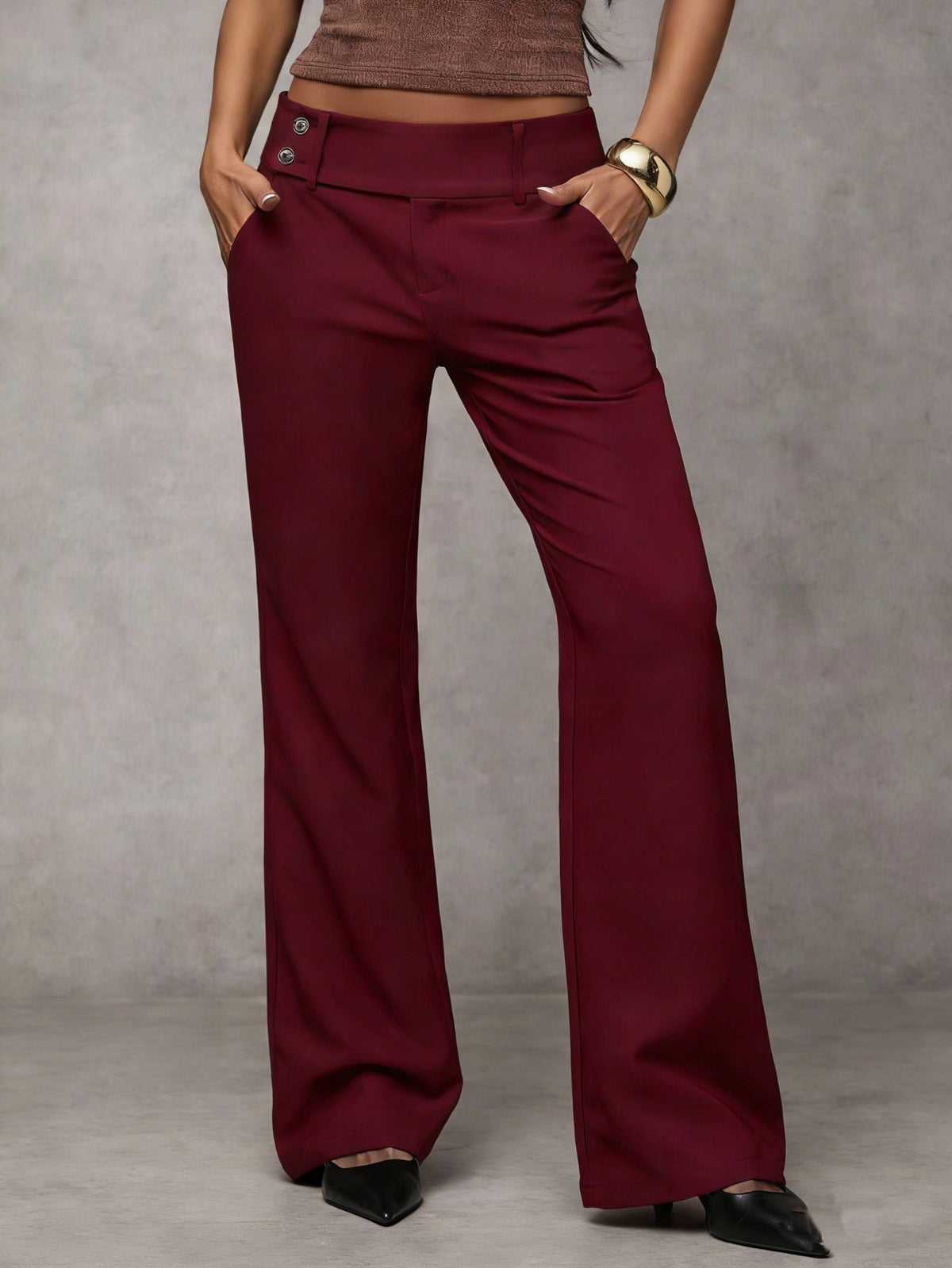 High Waist Wide Leg Trousers with Belt Loops and Slant Pockets in Wine Red