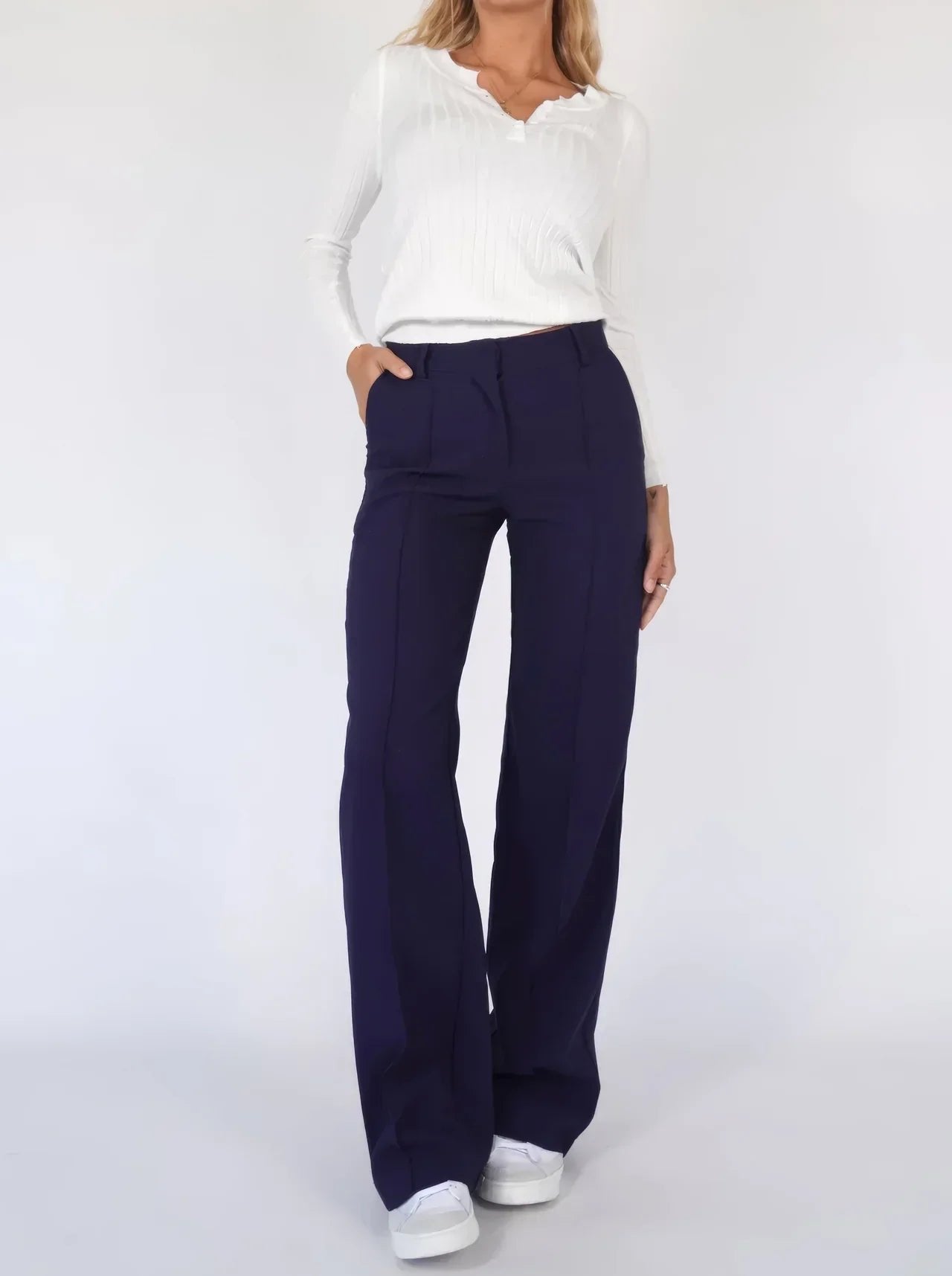 High Waist Wide Leg Trousers with Front Seam Detail and Pockets in Navy Blue