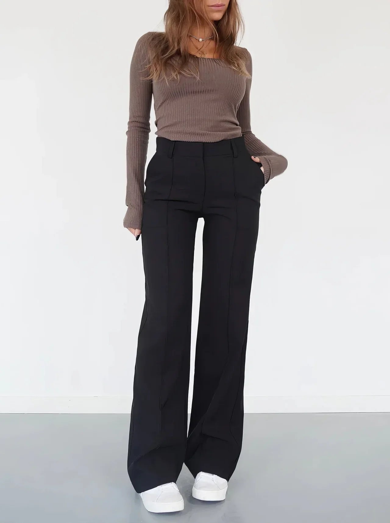 High Waist Wide Leg Trousers with Front Seam Detail and Pockets in Black