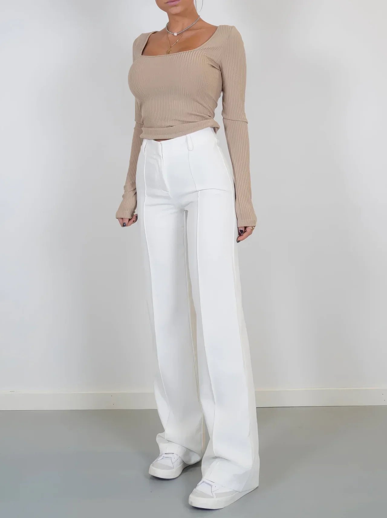 High Waist Wide Leg Trousers with Front Seam Detail and Pockets in White
