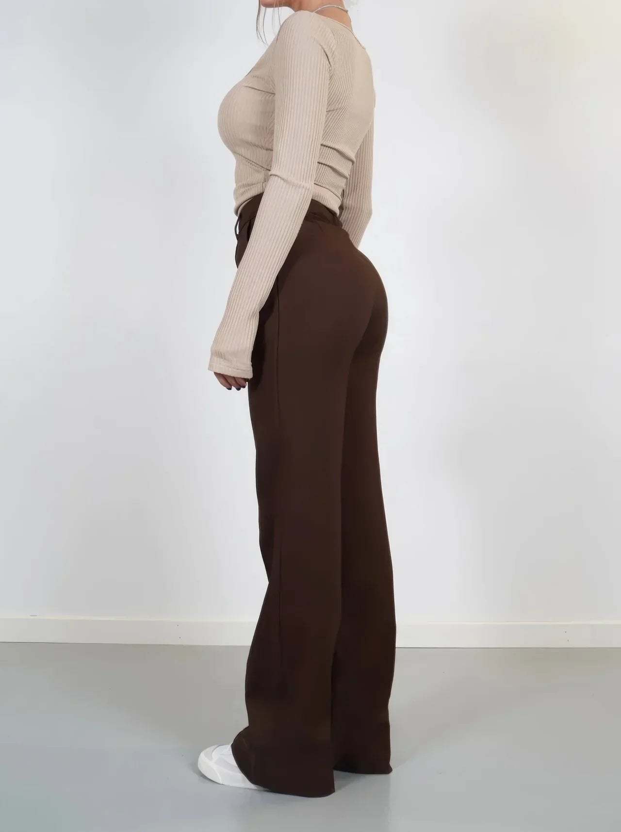 High Waist Wide Leg Trousers with Front Seam Detail and Pockets