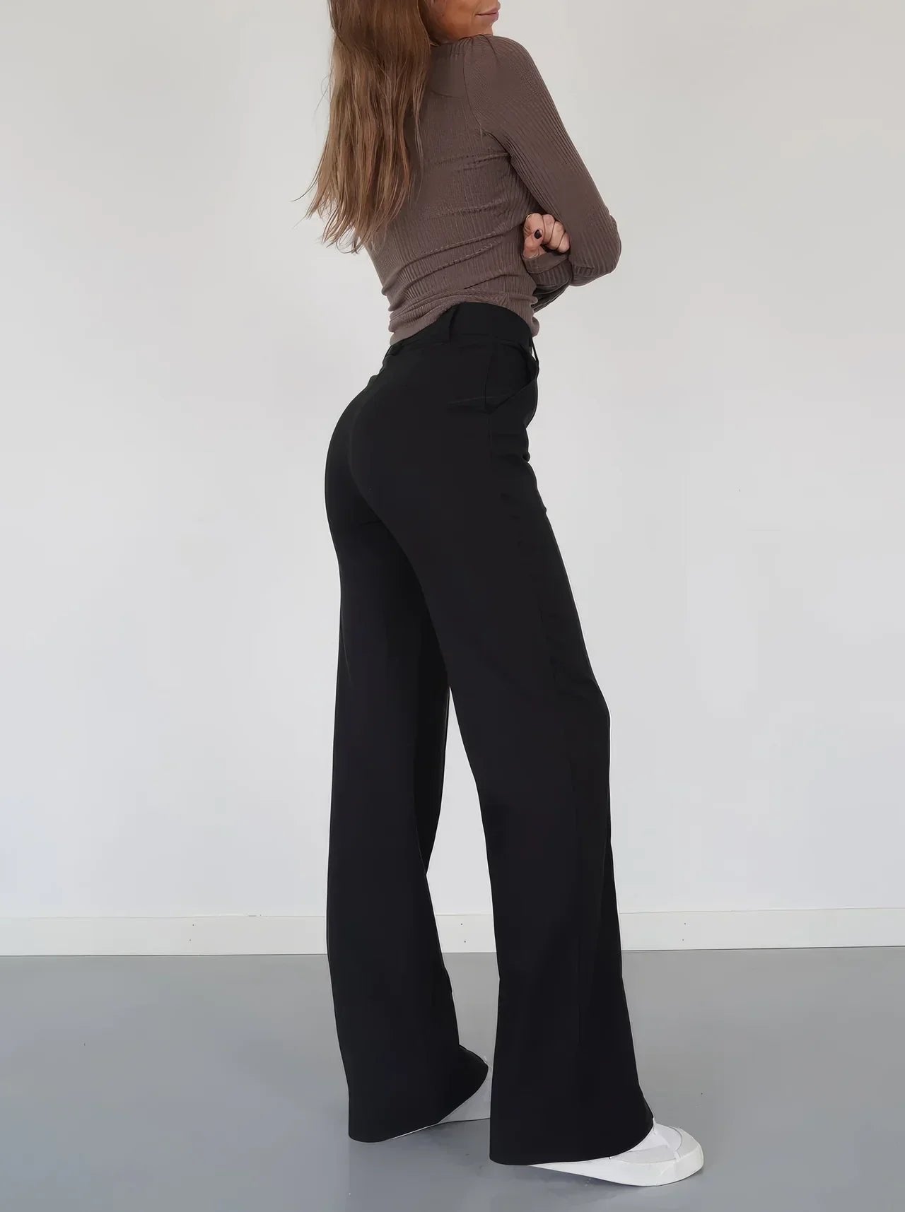 High Waist Wide Leg Trousers with Front Seam Detail and Pockets