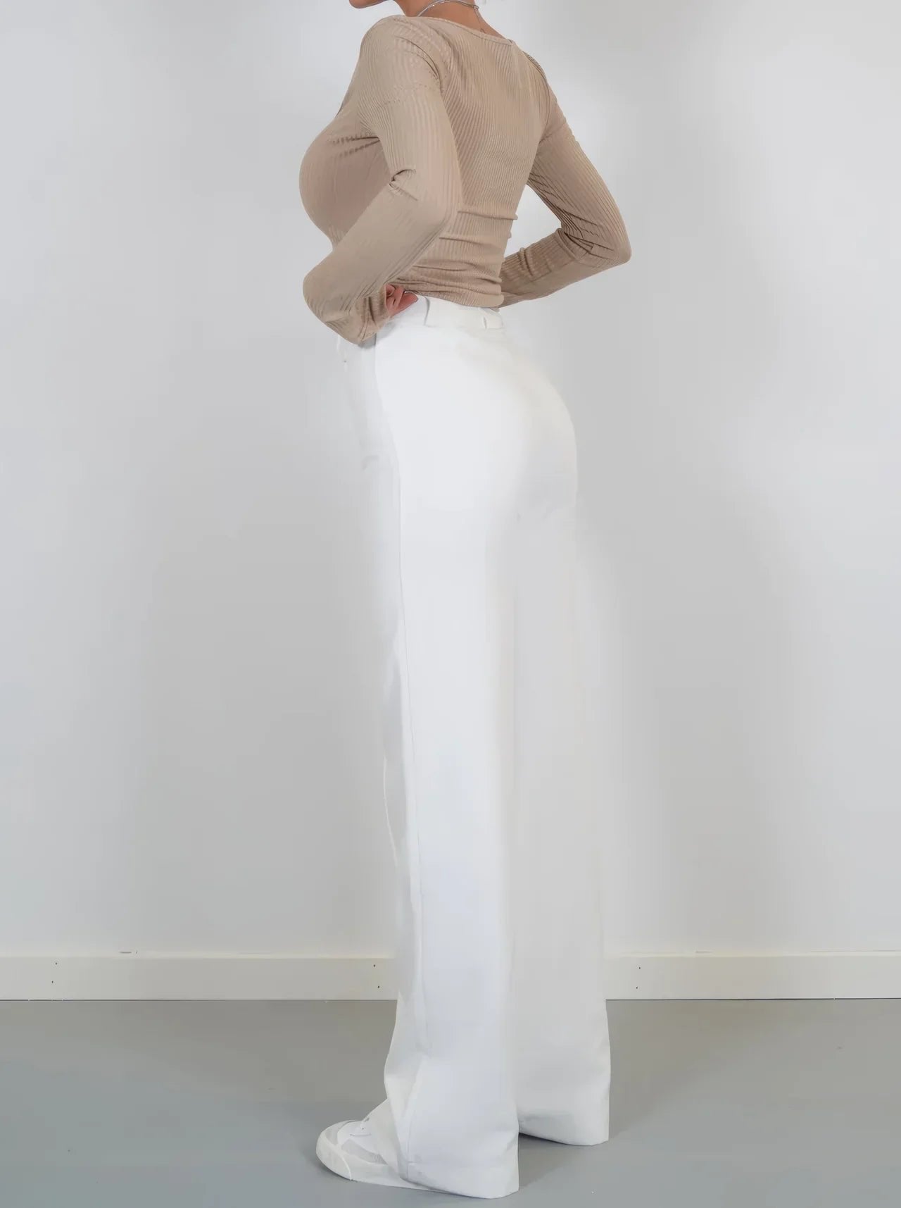 High Waist Wide Leg Trousers with Front Seam Detail and Pockets