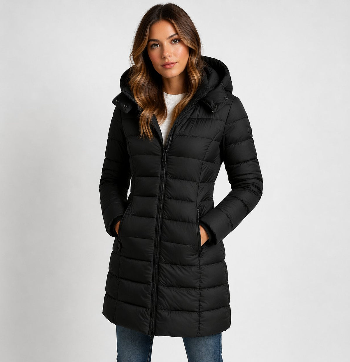 Hooded Puffer Coat with a Zip Front and Quilted Panels in Black