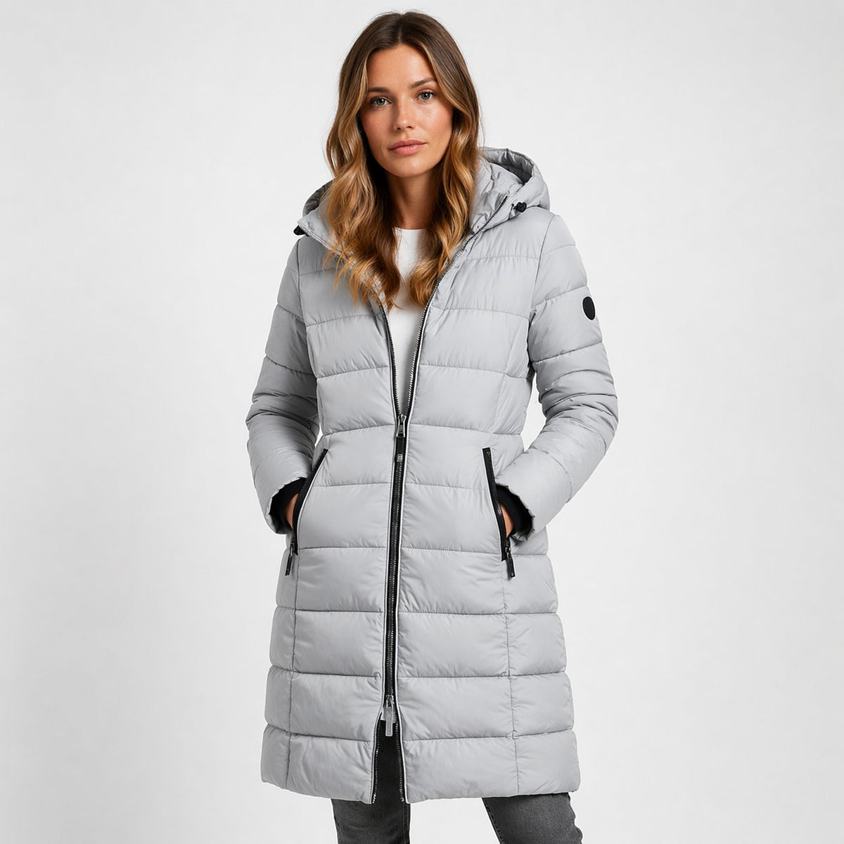 Hooded Puffer Coat with a Zip Front and Quilted Panels in Grey
