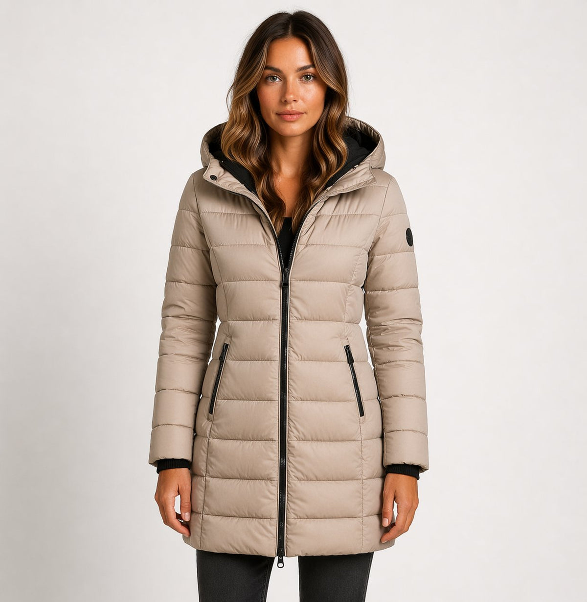 Hooded Puffer Coat with a Zip Front and Quilted Panels in Khaki