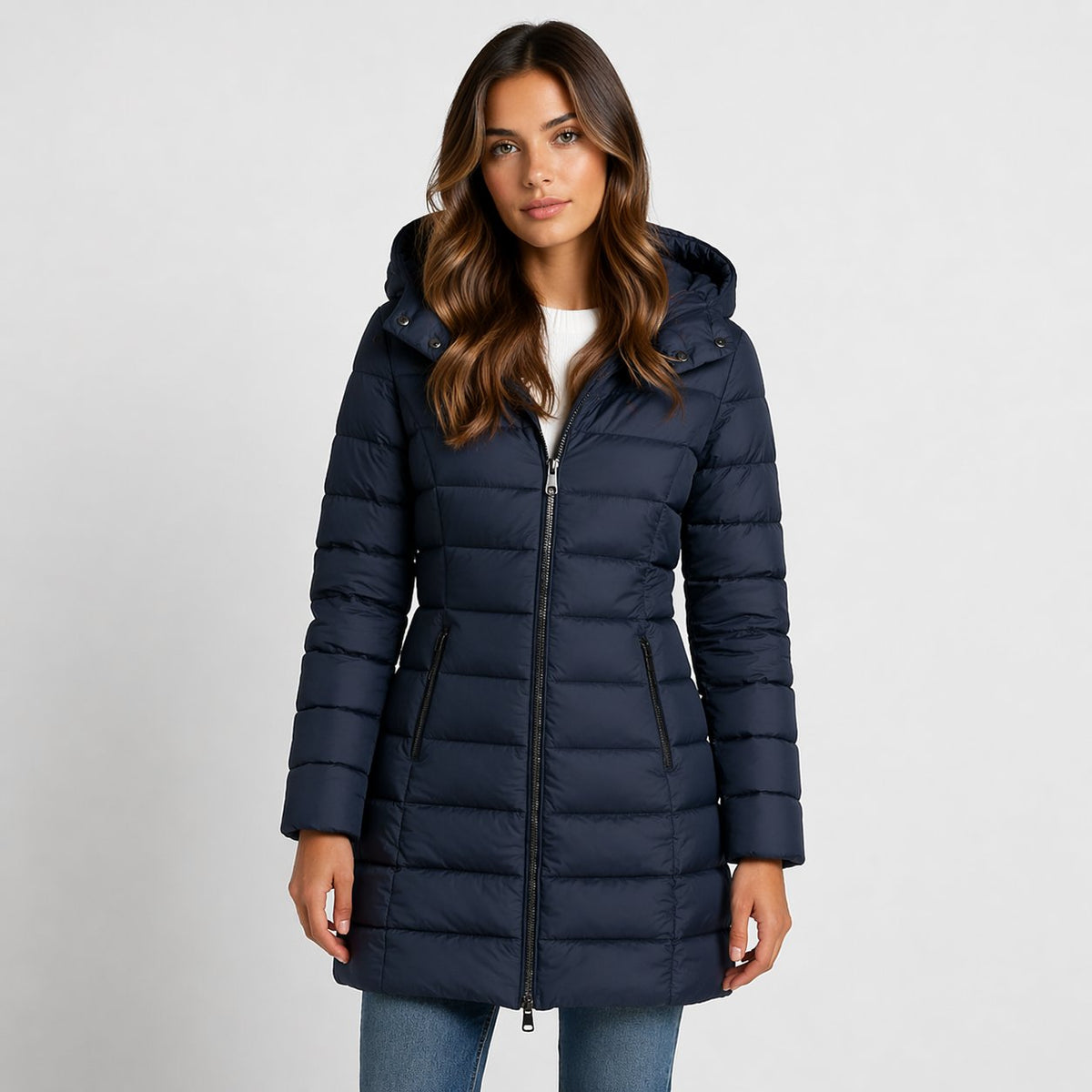 Hooded Puffer Coat with a Zip Front and Quilted Panels in Navy Blue