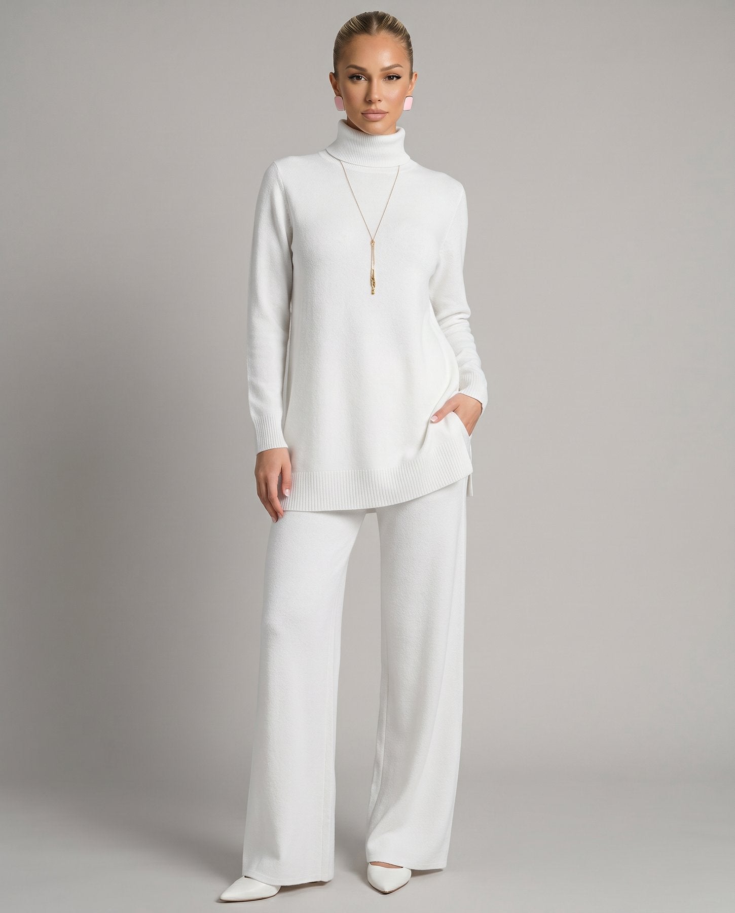 Knit Two-Piece Set with a Turtleneck Top and Wide Leg Trousers in White