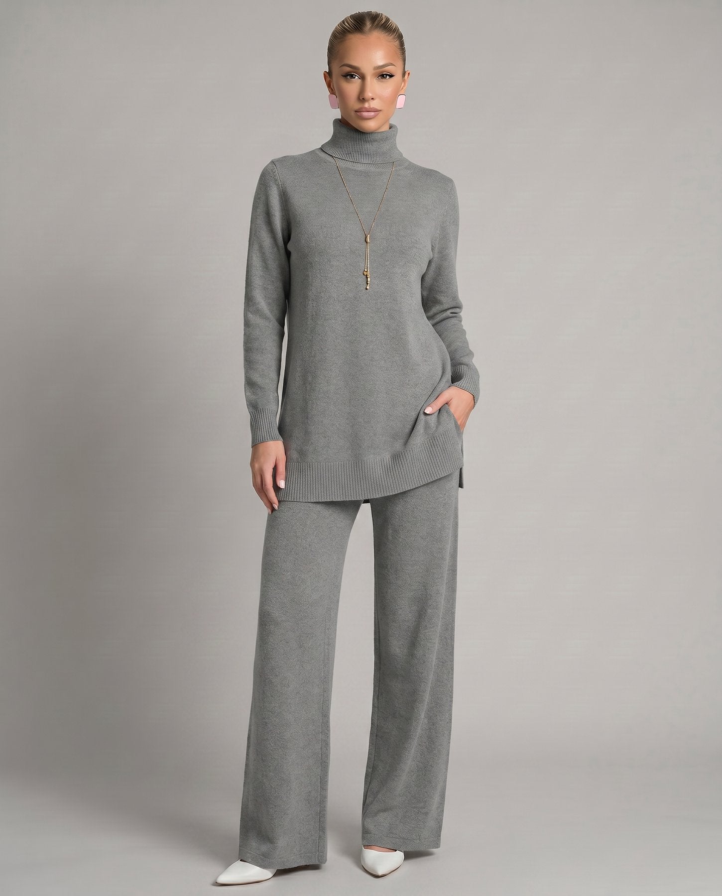 Knit Two-Piece Set with a Turtleneck Top and Wide Leg Trousers in Grey