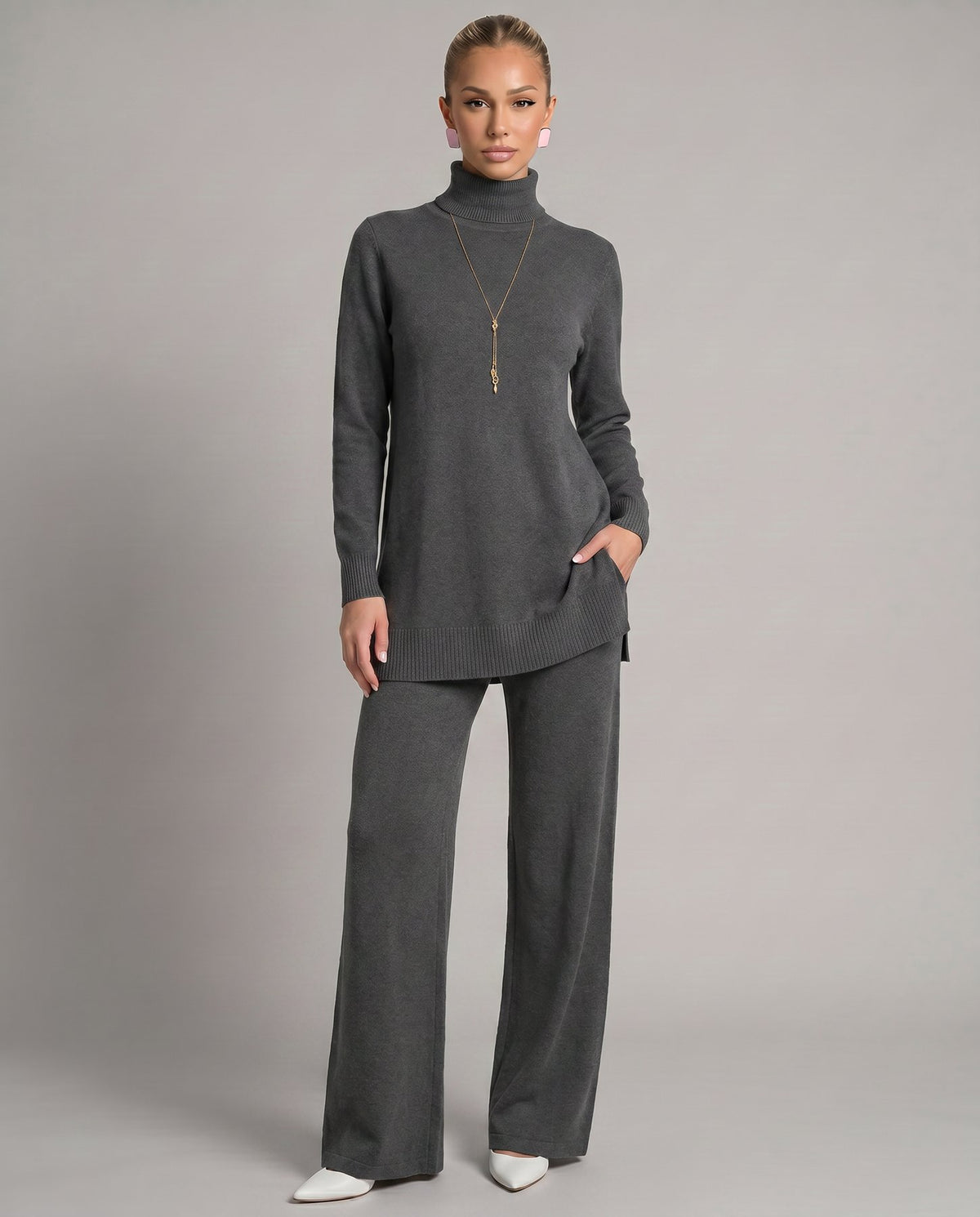 Knit Two-Piece Set with a Turtleneck Top and Wide Leg Trousers in Black