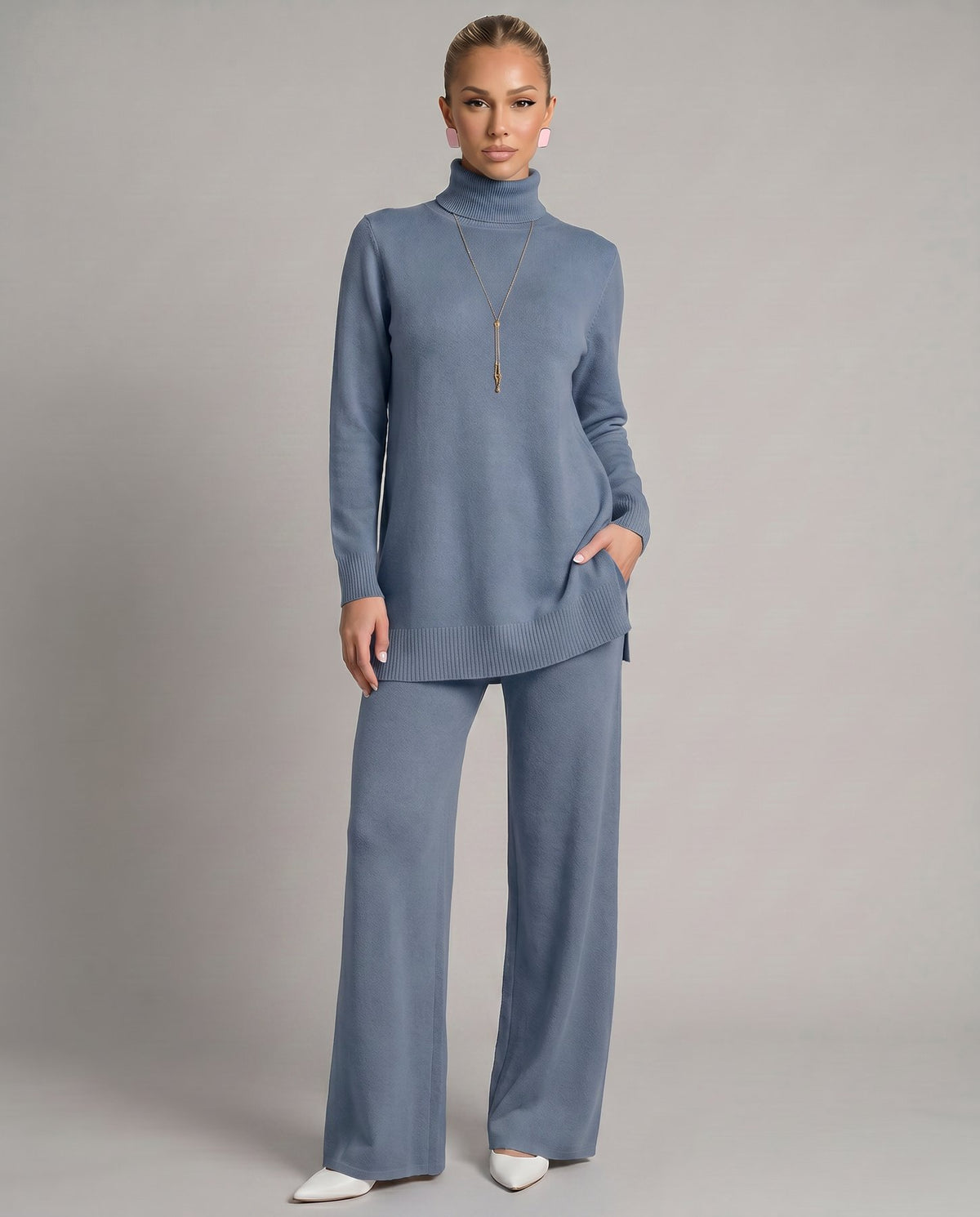 Knit Two-Piece Set with a Turtleneck Top and Wide Leg Trousers in Blue