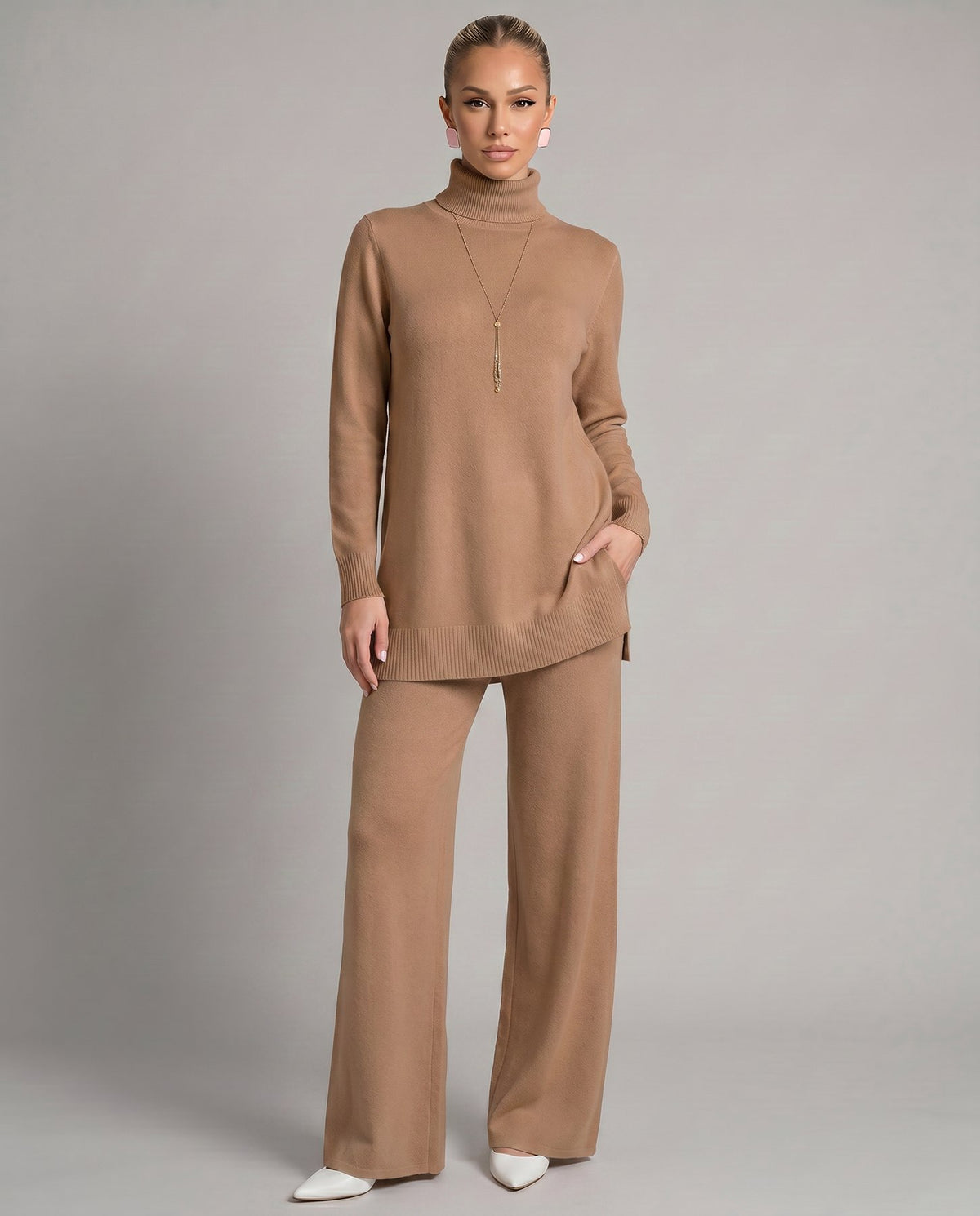 Knit Two-Piece Set with a Turtleneck Top and Wide Leg Trousers in Khaki