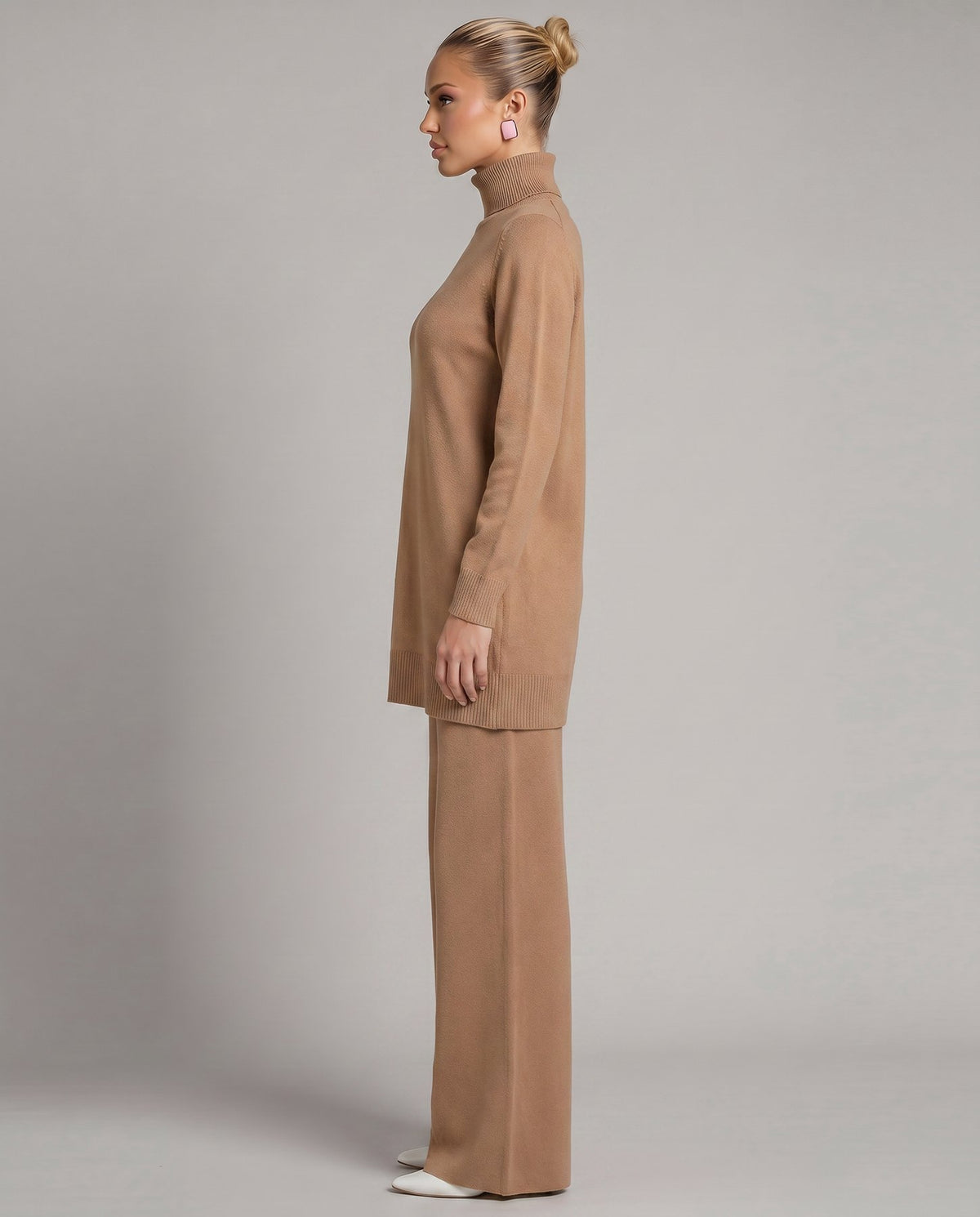 Knit Two-Piece Set with a Turtleneck Top and Wide Leg Trousers