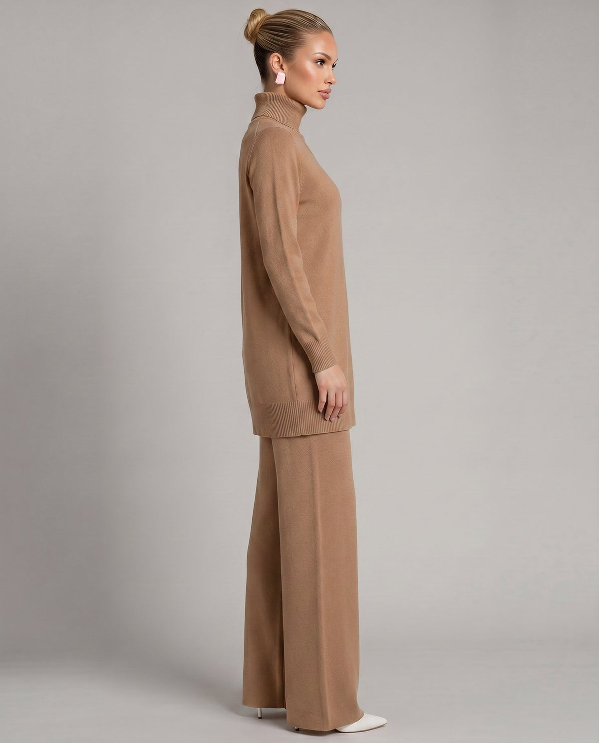 Knit Two-Piece Set with a Turtleneck Top and Wide Leg Trousers
