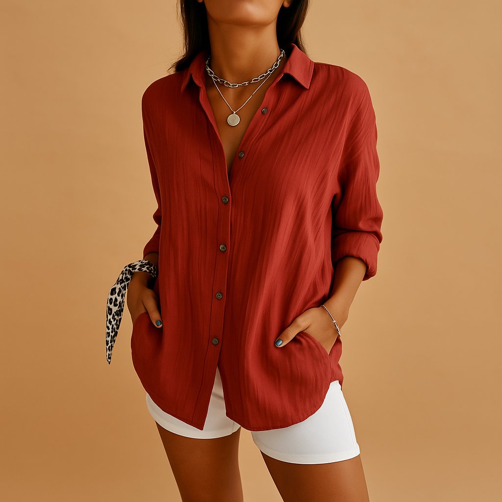 Lightweight Long Sleeve Blouse with a Collar and Button Front in Red