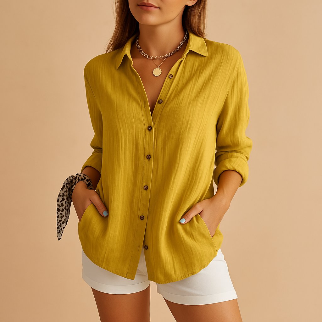 Lightweight Long Sleeve Blouse with a Collar and Button Front in Yellow