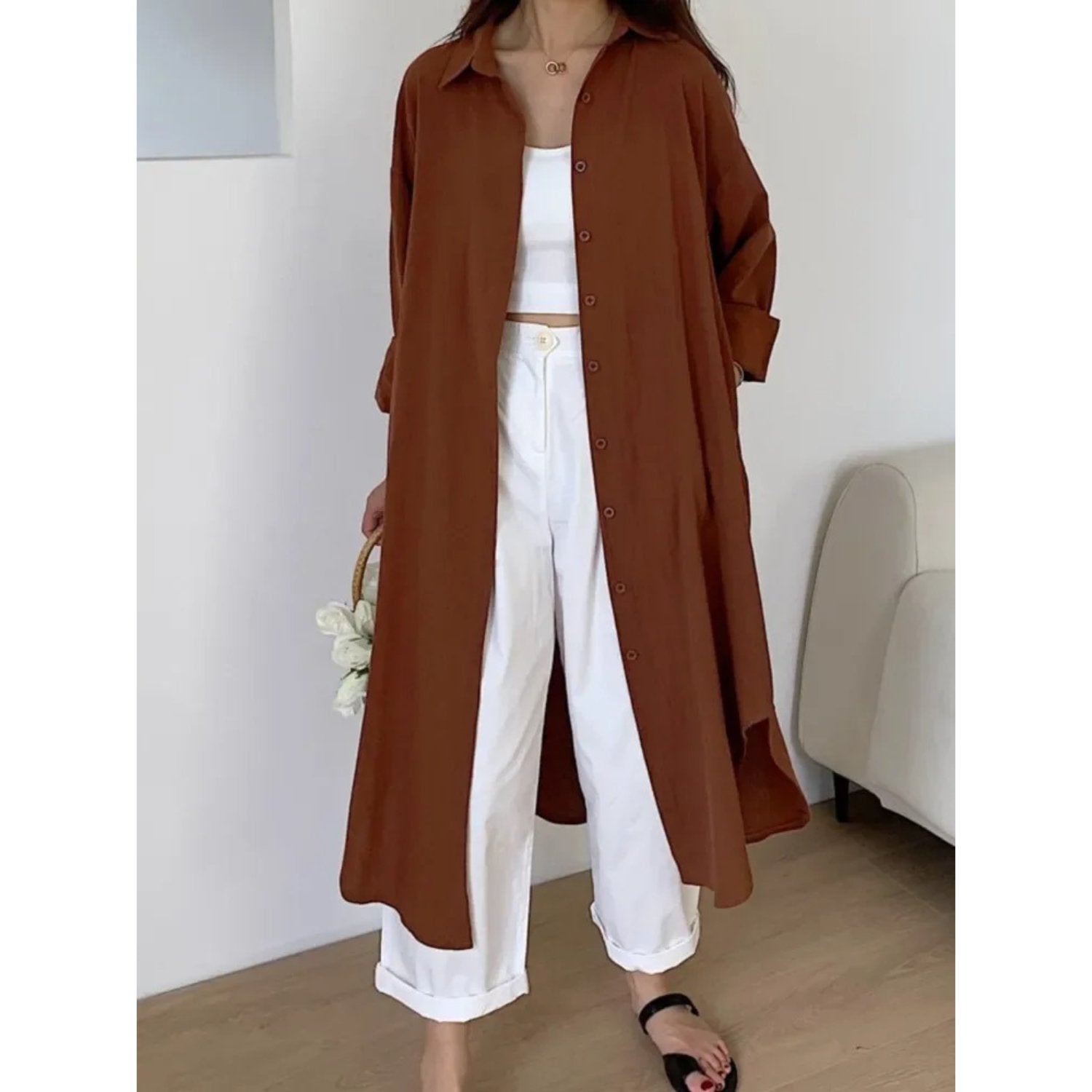 Long Sleeve Button-Front Shirt Maxi Dress with a Relaxed Cut in Brown