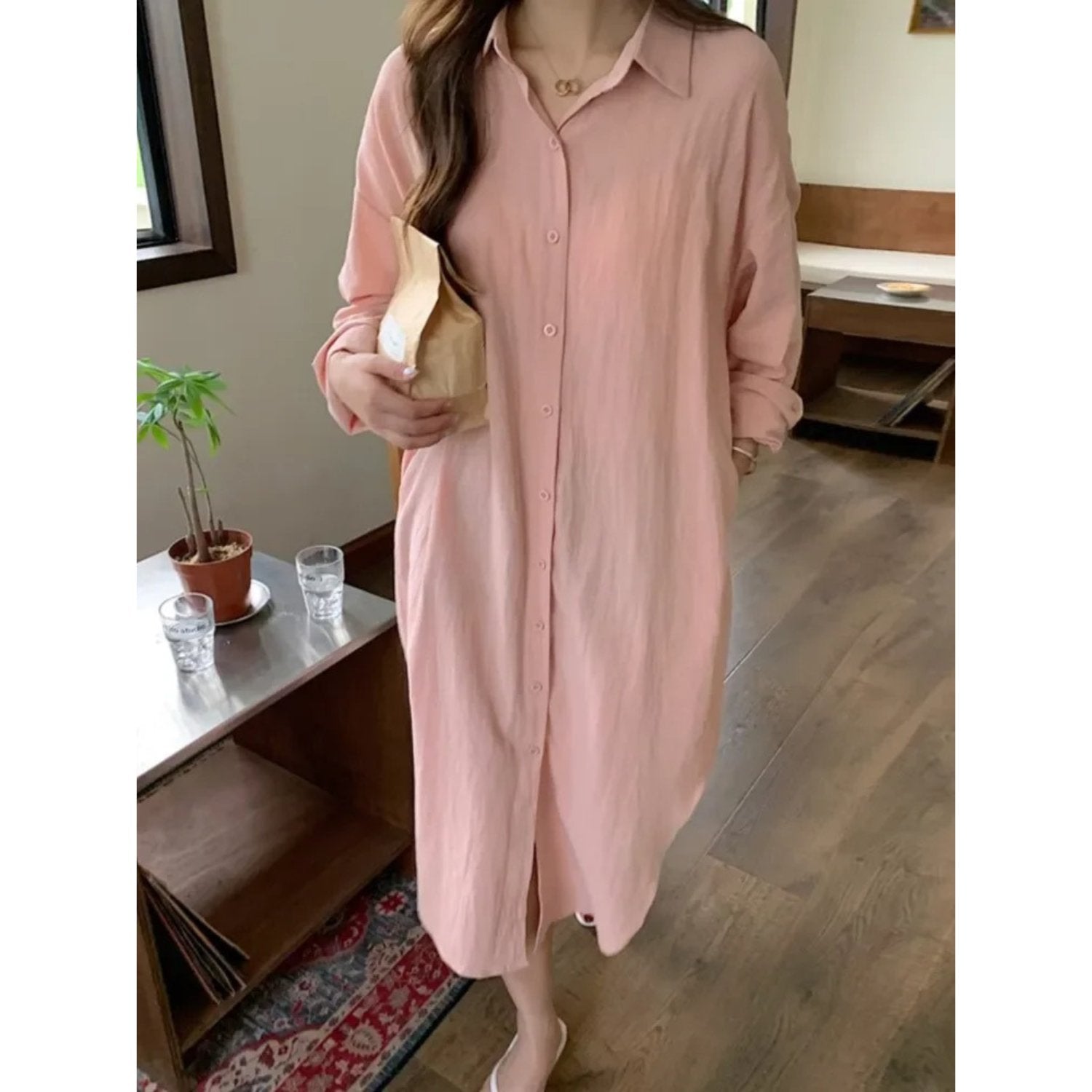 Long Sleeve Button-Front Shirt Maxi Dress with a Relaxed Cut in Pink