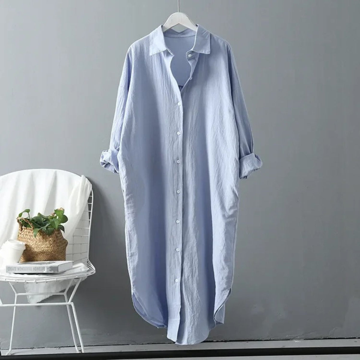 Long Sleeve Button-Front Shirt Maxi Dress with a Relaxed Cut in Light Blue