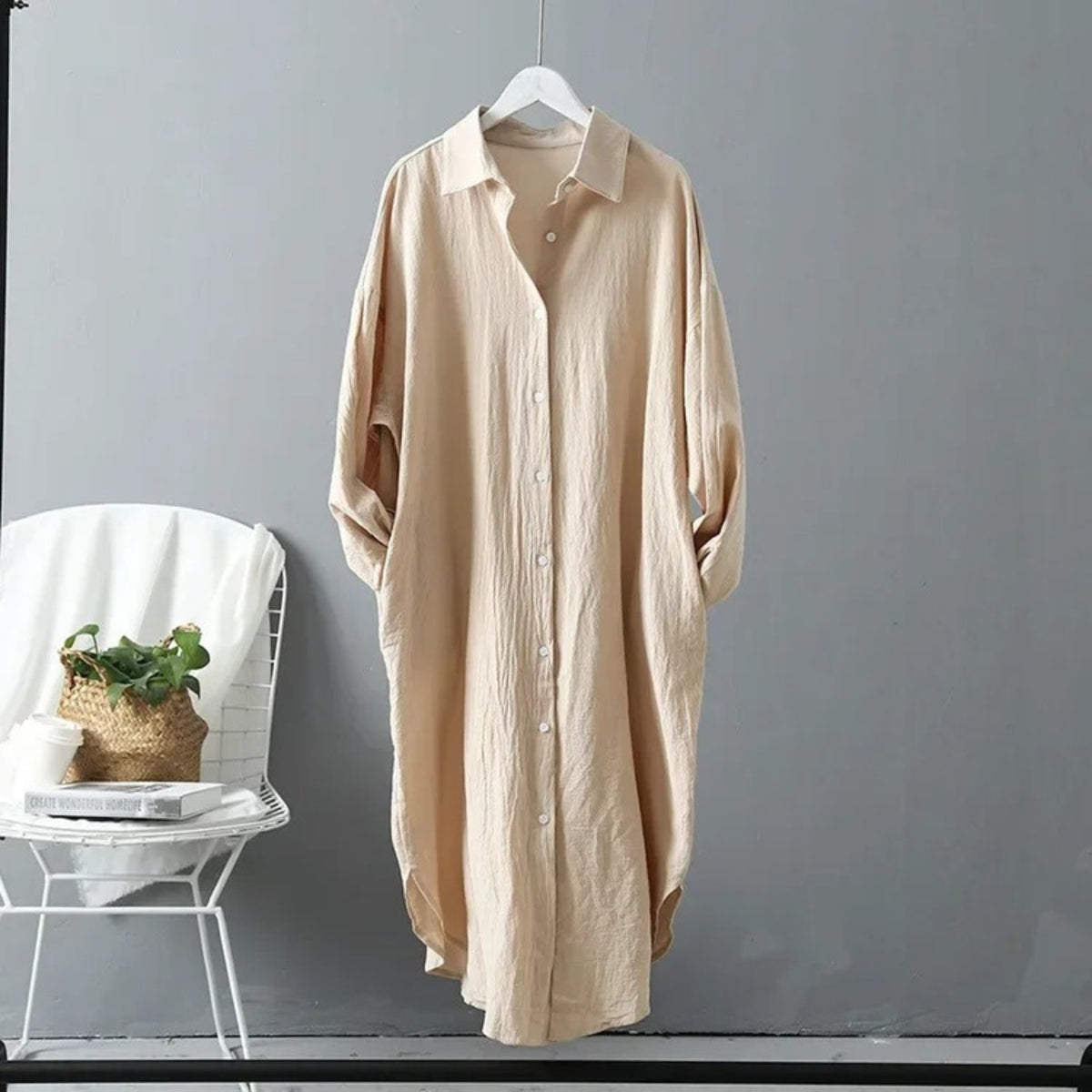 Long Sleeve Button-Front Shirt Maxi Dress with a Relaxed Cut in Beige