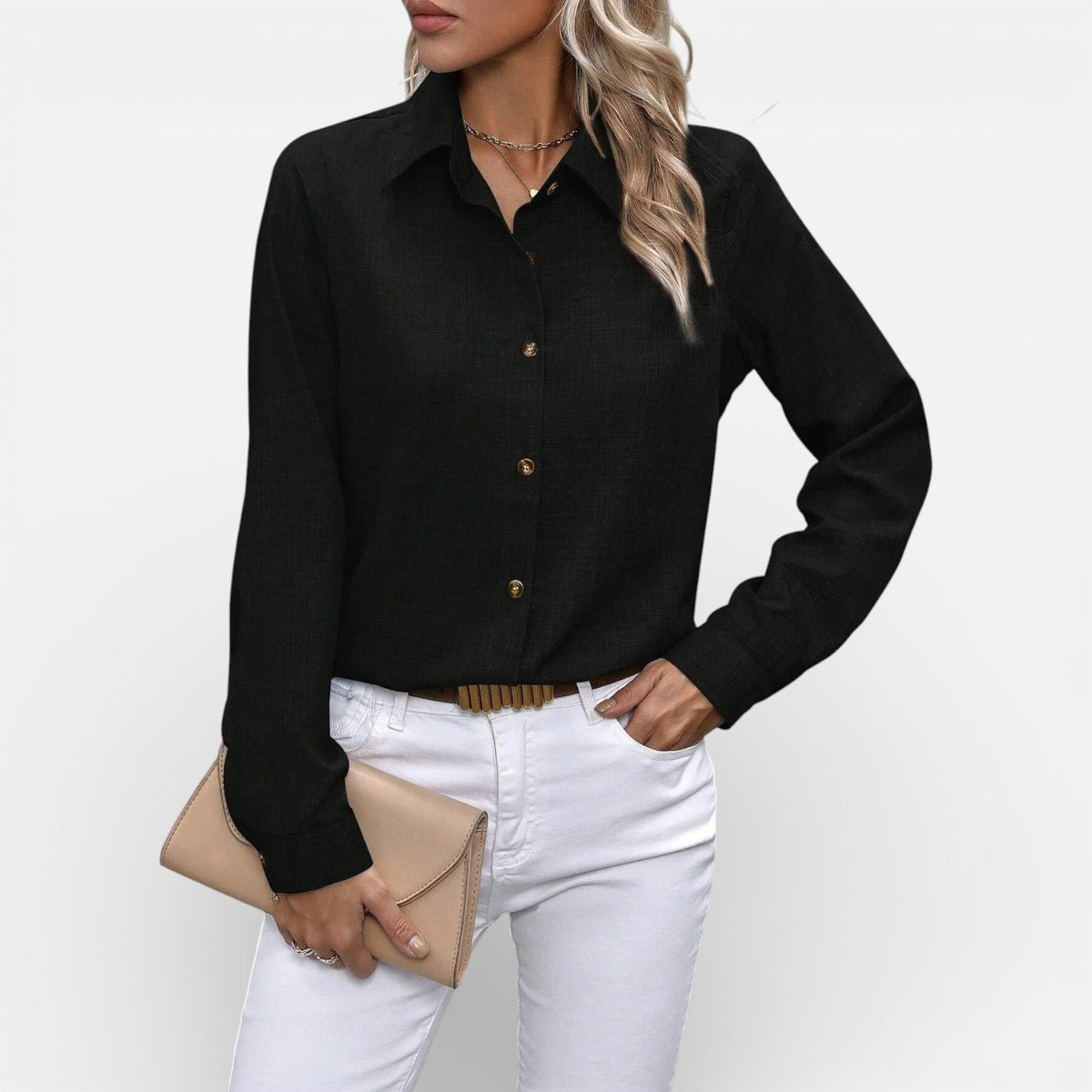Long Sleeve Button-Up Shirt with a Classic Collar and Relaxed Fit in Black