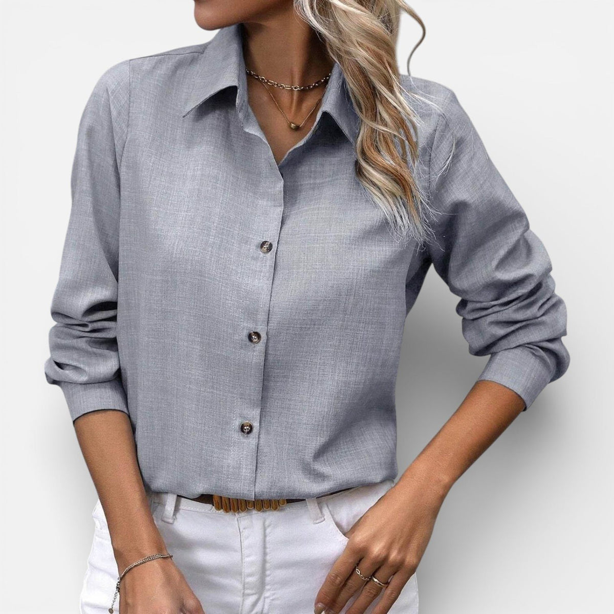 Long Sleeve Button-Up Shirt with a Classic Collar and Relaxed Fit in Grey