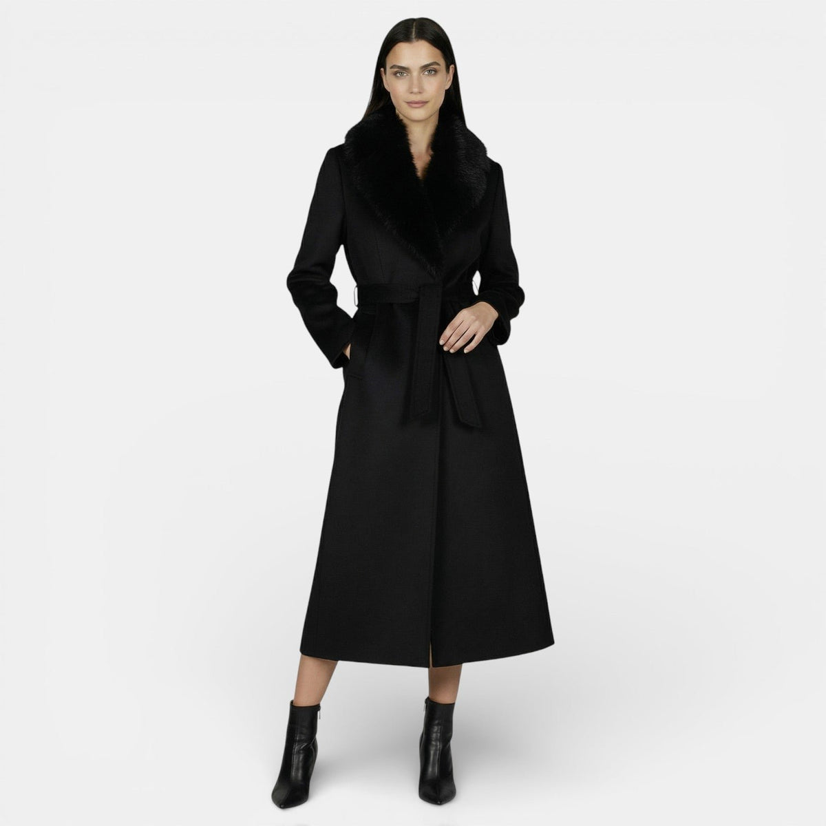 Longline Belted Overcoat with a Faux Fur Collar in Black