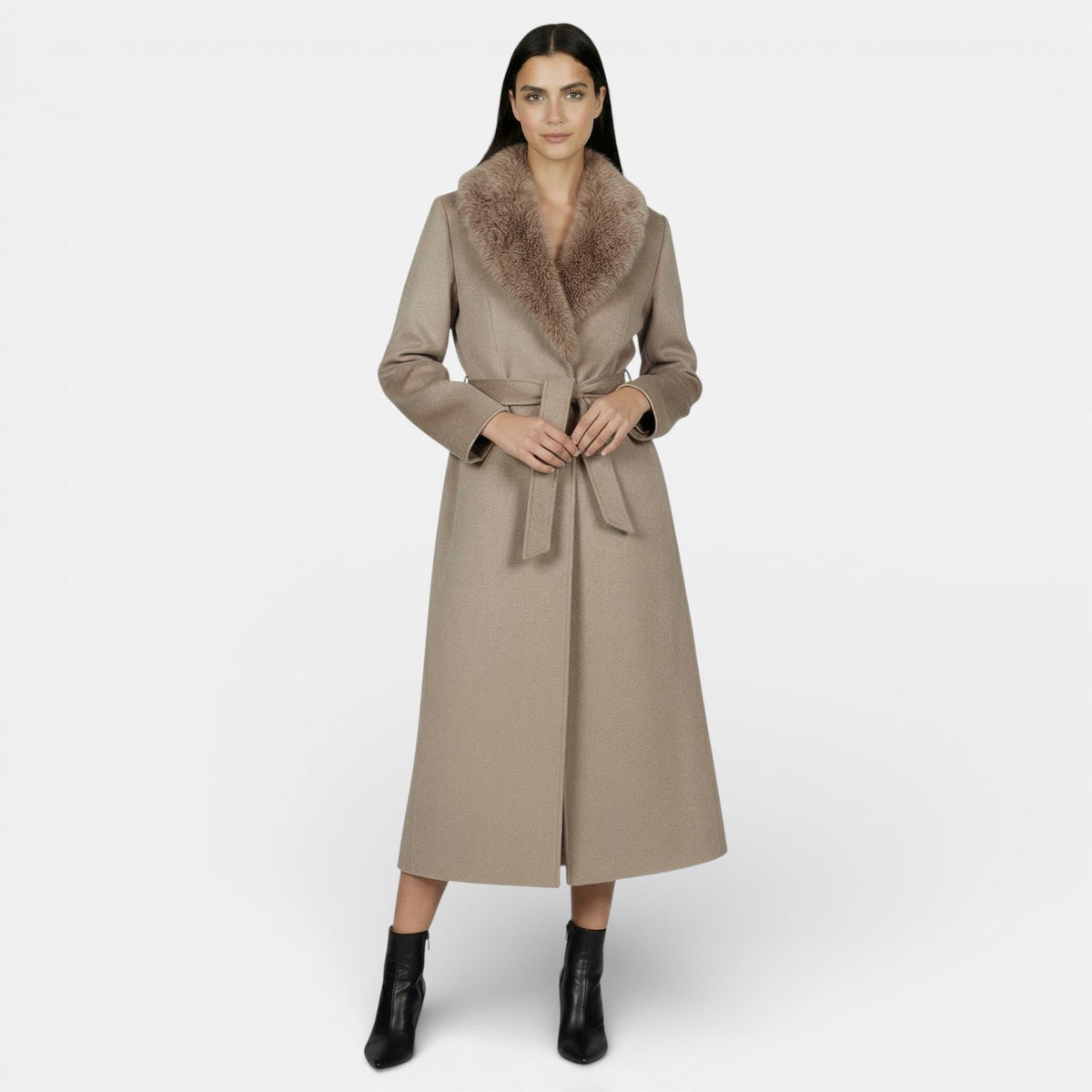 Longline Belted Overcoat with a Faux Fur Collar in Beige