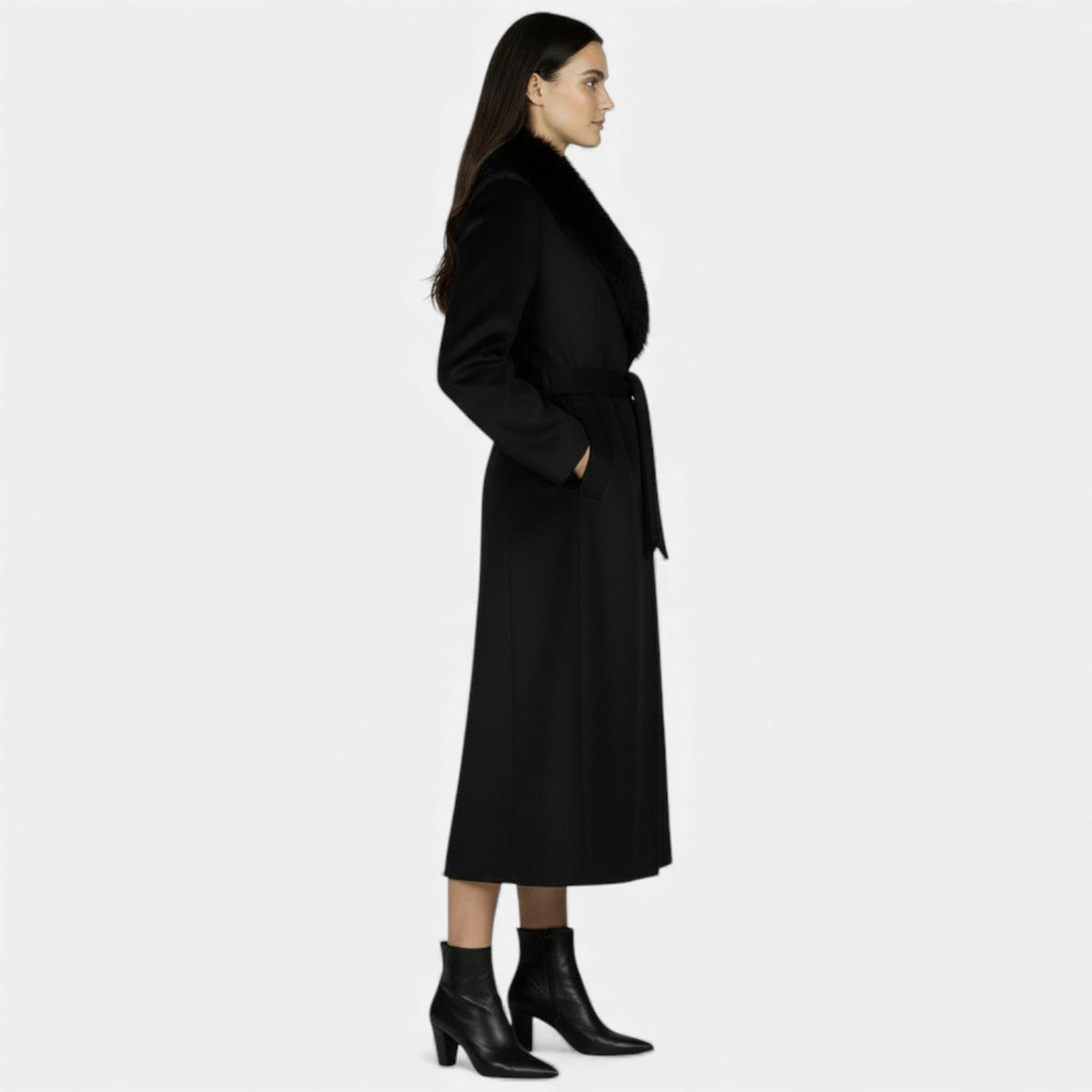 Longline Belted Overcoat with a Faux Fur Collar
