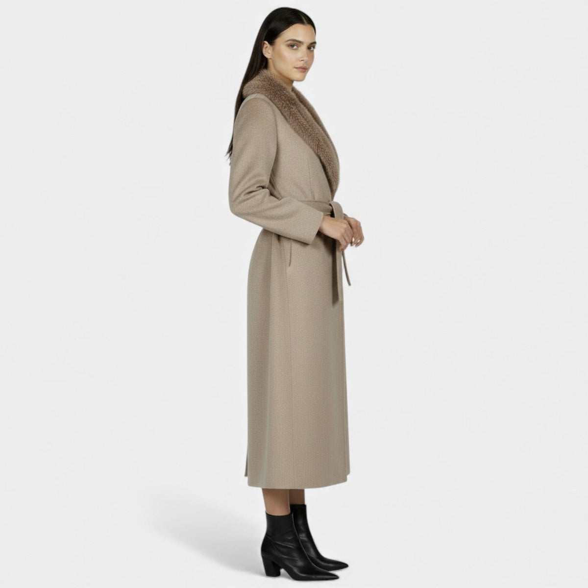 Longline Belted Overcoat with a Faux Fur Collar