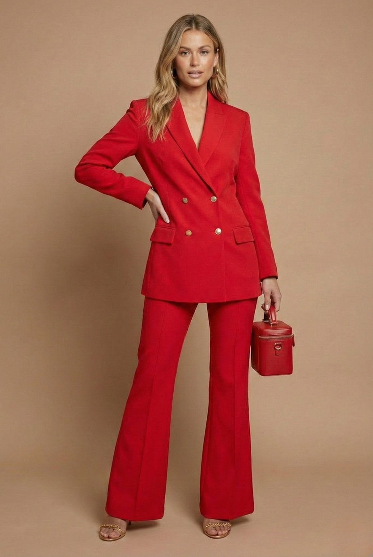 Longline Double-Breasted Blazer and Trouser Set with Gold Buttons in Red