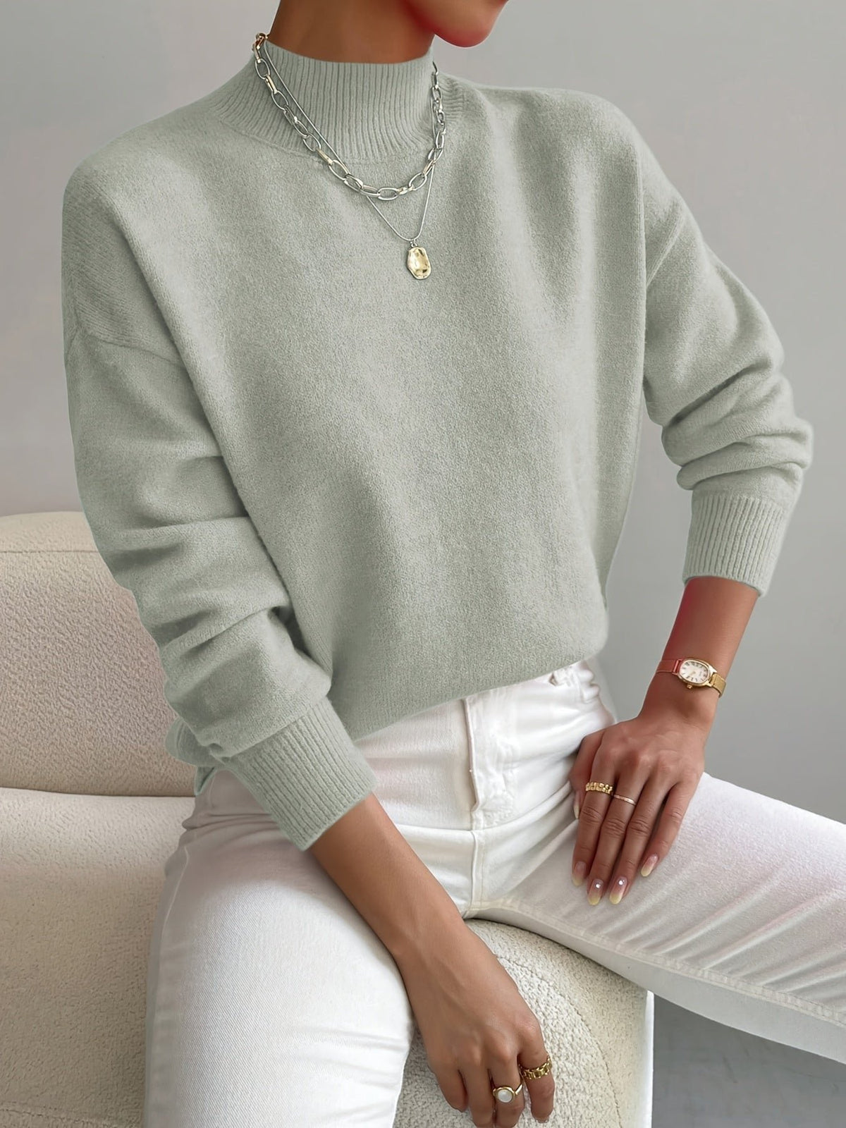 Mock Turtleneck Sweater with a Relaxed Cut and Ribbed Hem in Light Green