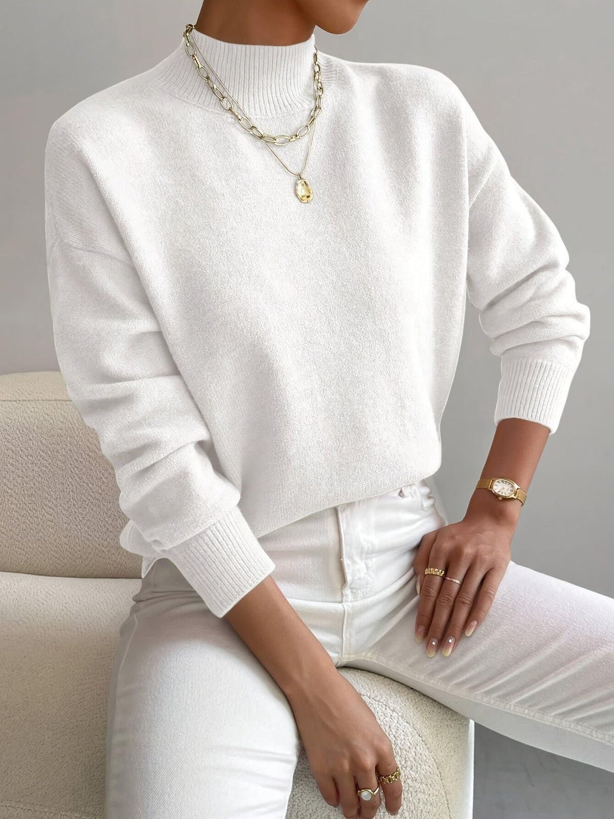 Mock Turtleneck Sweater with a Relaxed Cut and Ribbed Hem in White
