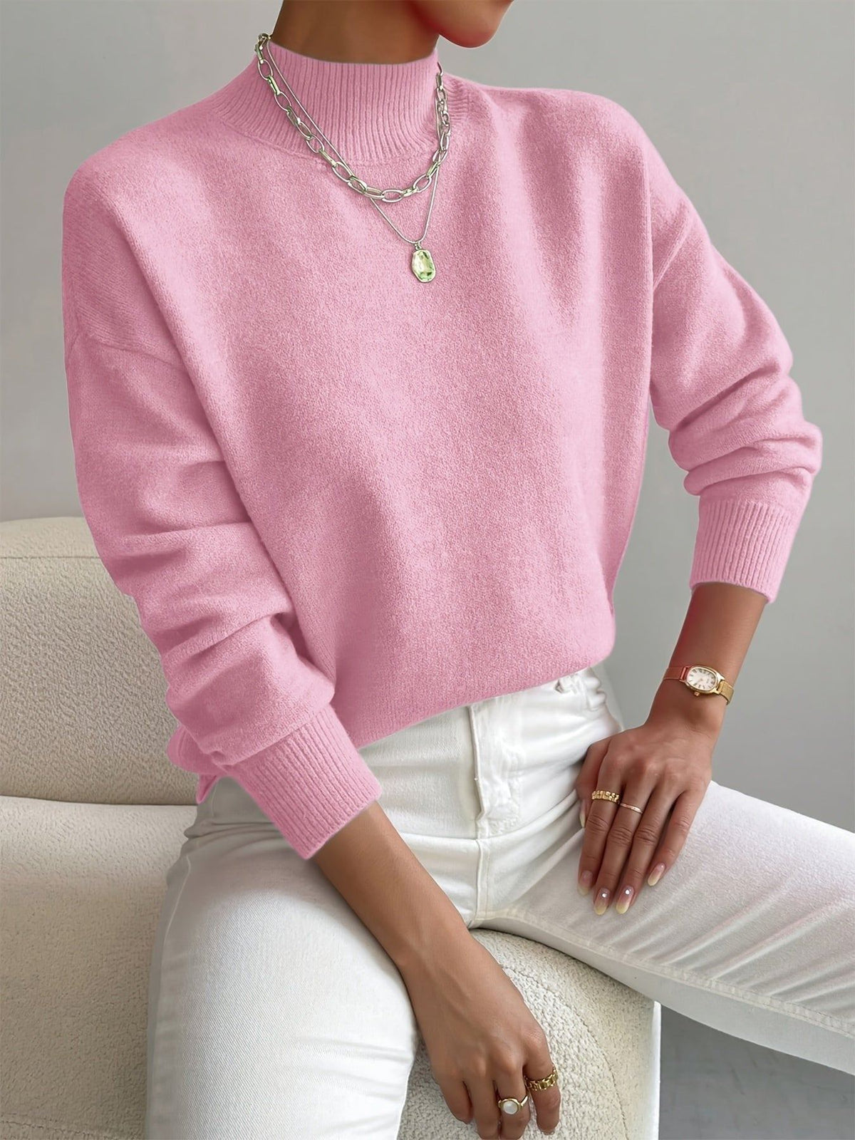 Mock Turtleneck Sweater with a Relaxed Cut and Ribbed Hem in Light Pink