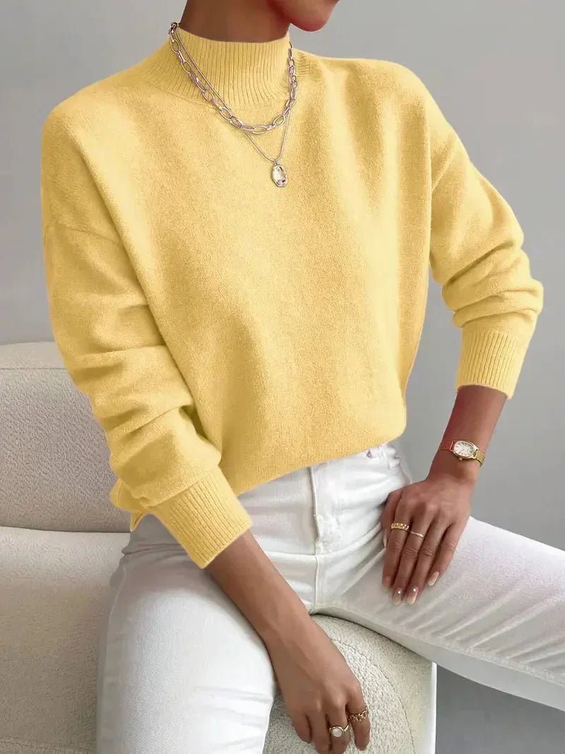 Mock Turtleneck Sweater with a Relaxed Cut and Ribbed Hem in Yellow