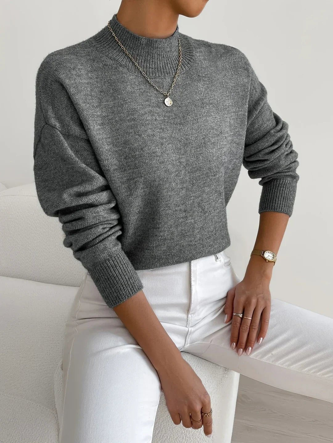 Mock Turtleneck Sweater with a Relaxed Cut and Ribbed Hem in Dark Grey