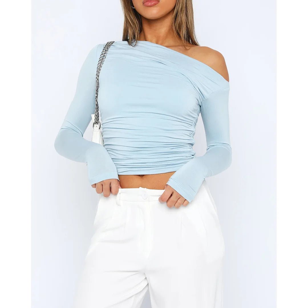 Off-Shoulder Ruched Long Sleeve Top with a Fitted Silhouette in Blue