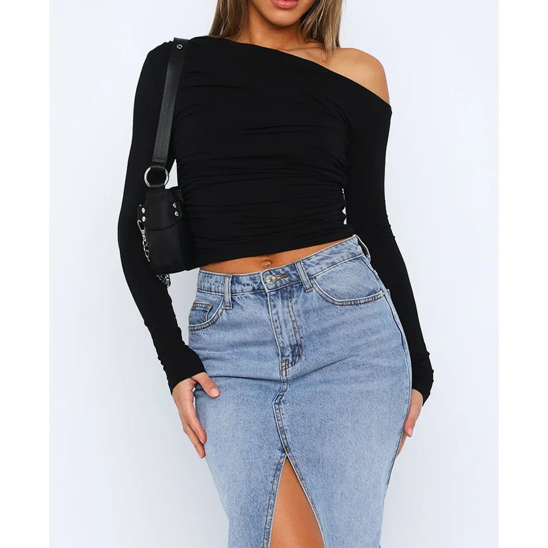 Off-Shoulder Ruched Long Sleeve Top with a Fitted Silhouette in Black