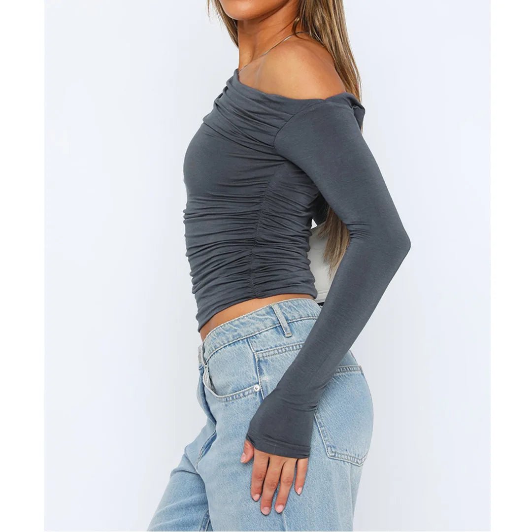 Off-Shoulder Ruched Long Sleeve Top with a Fitted Silhouette