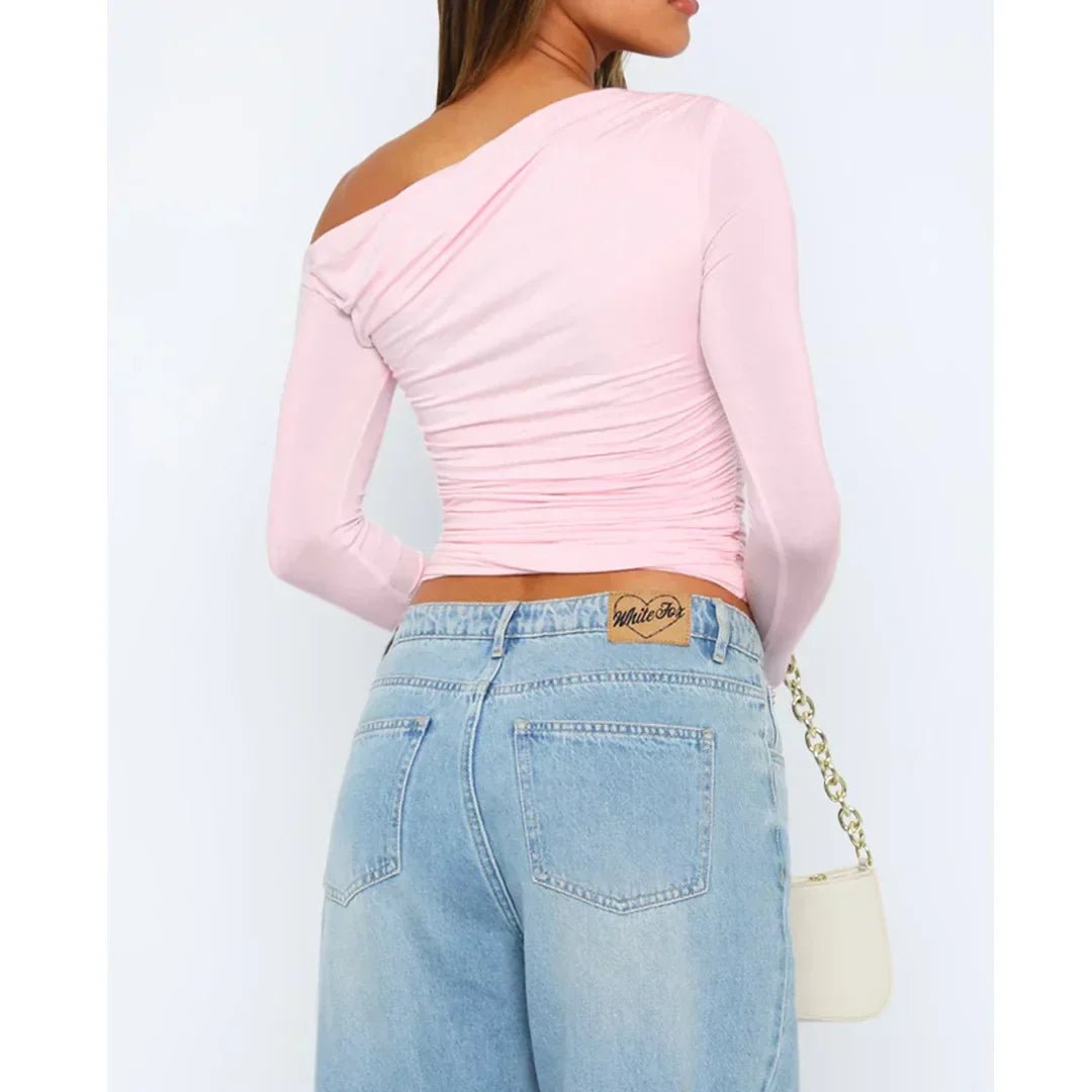 Off-Shoulder Ruched Long Sleeve Top with a Fitted Silhouette