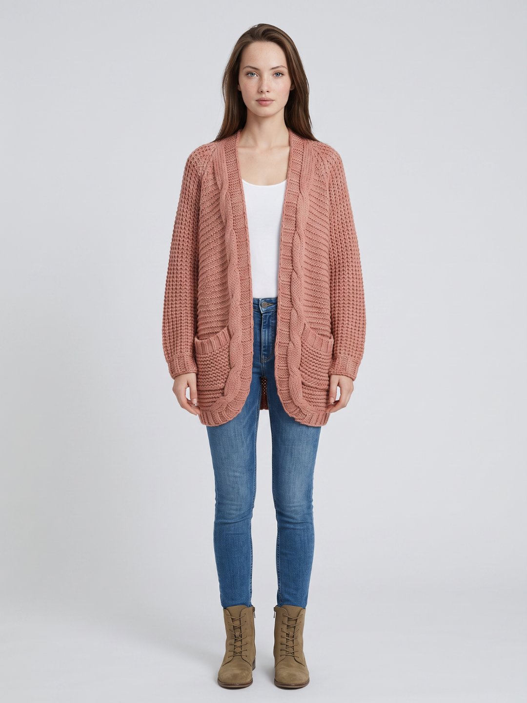 Oversized Cable Knit Cardigan with Patch Pockets in Pink
