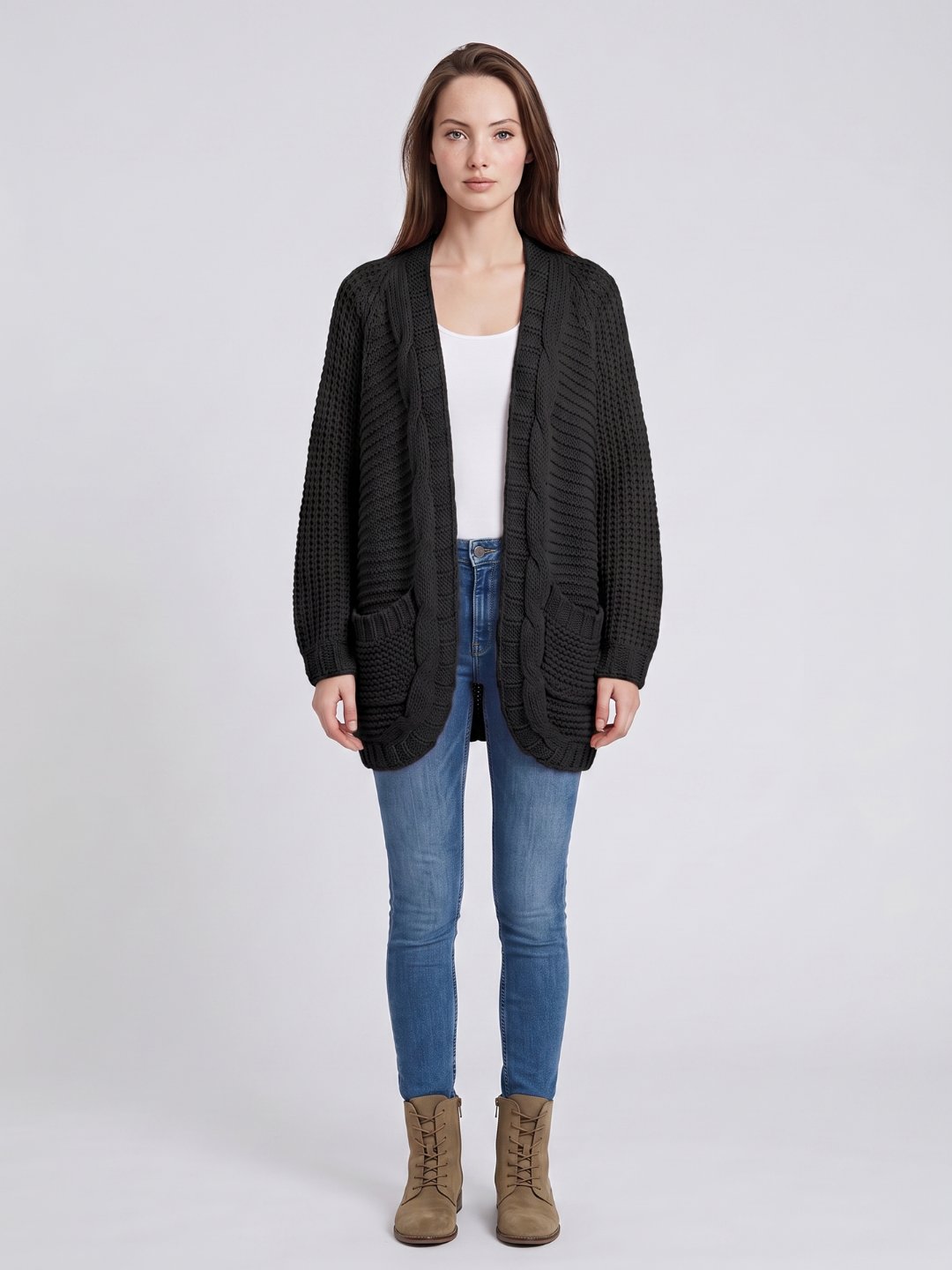 Oversized Cable Knit Cardigan with Patch Pockets in Black